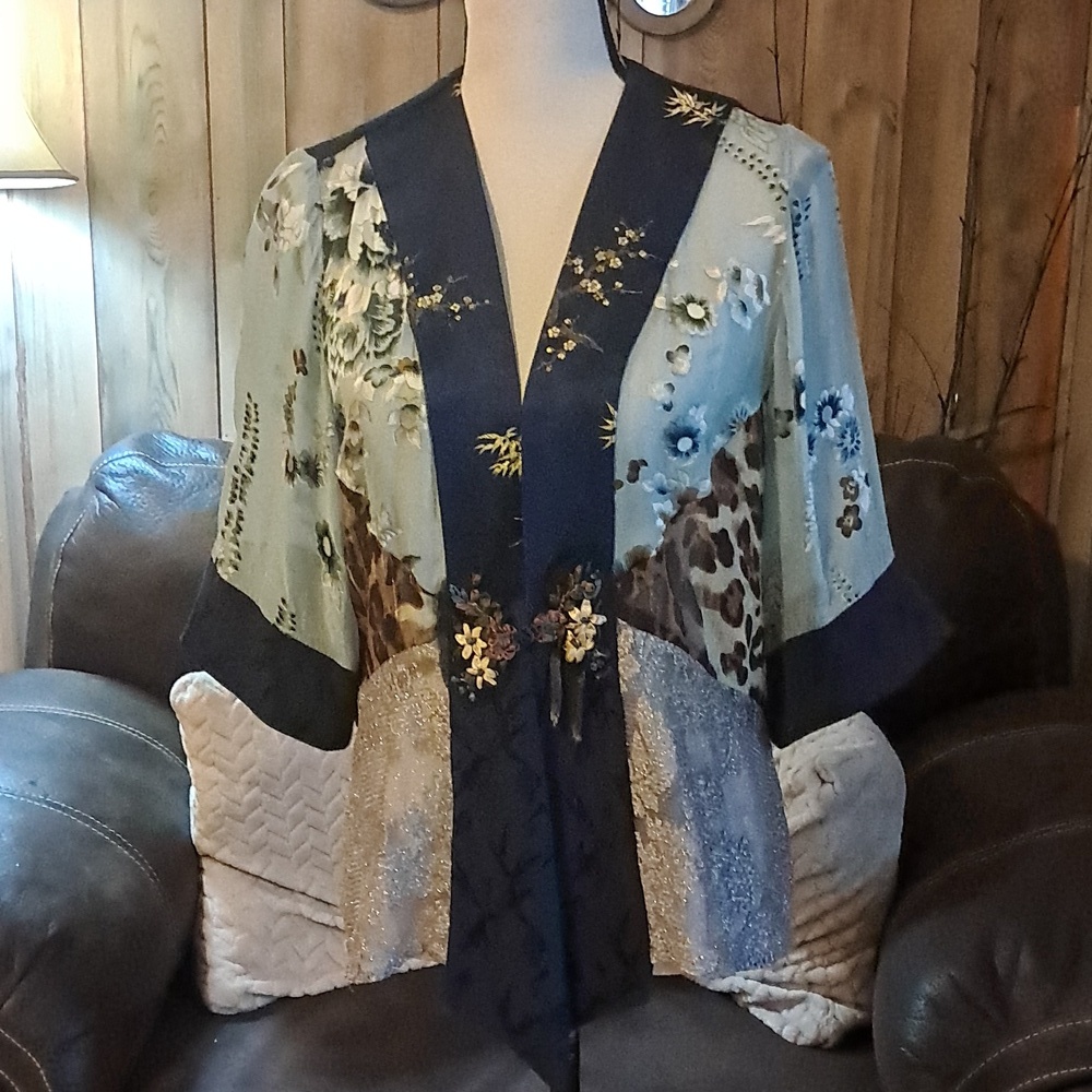 Spencer Alexis Navy Blue Floral Si Kimono Top Jacket Lace Cover Up Metallic Boho